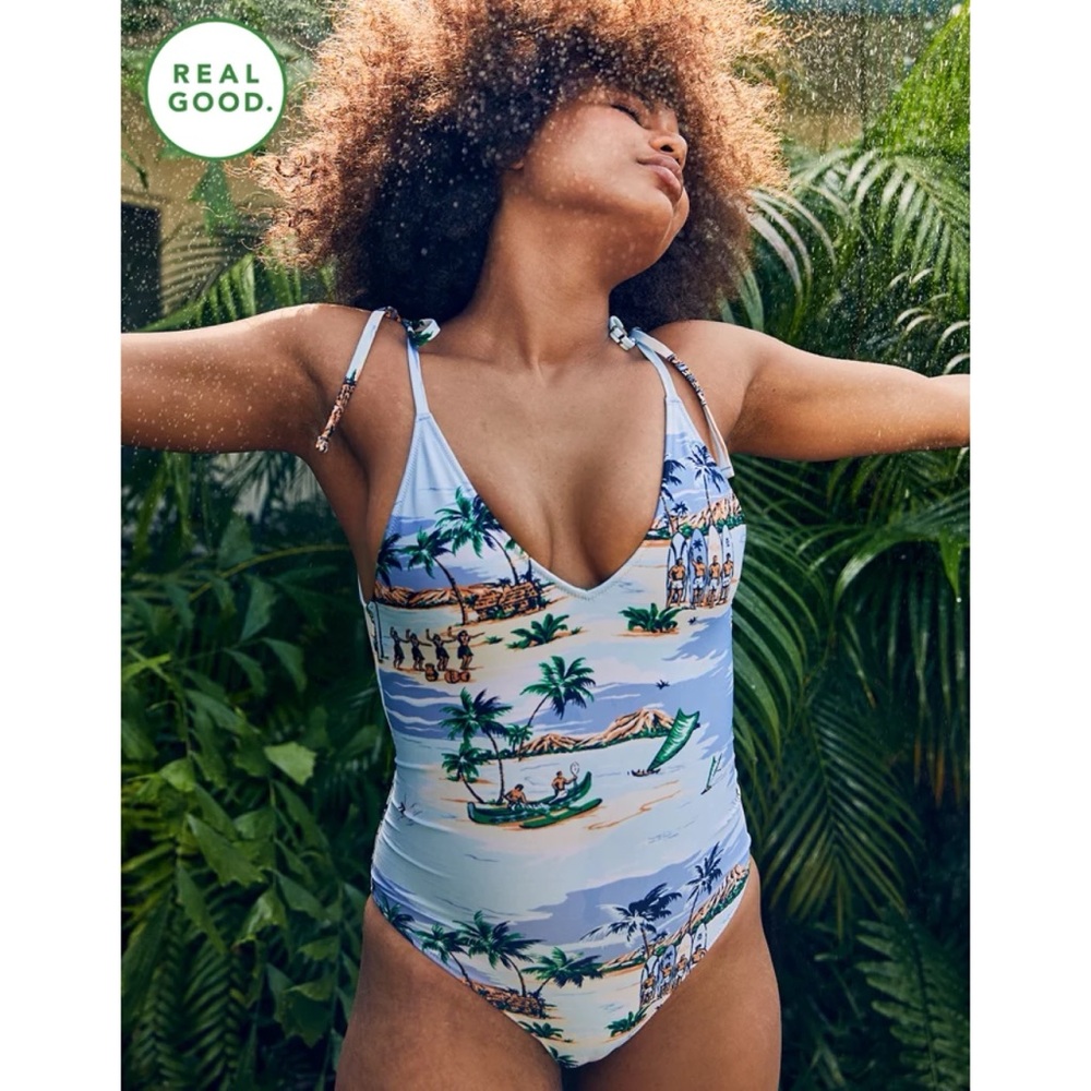 aerie Light Blue Tropical Print One-Piece Swimsuit